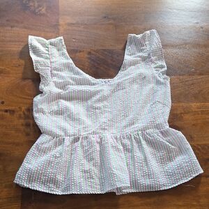 Draper James Pink And Green Striped Seersucker Peplum Ruffle Sleeve Top Large